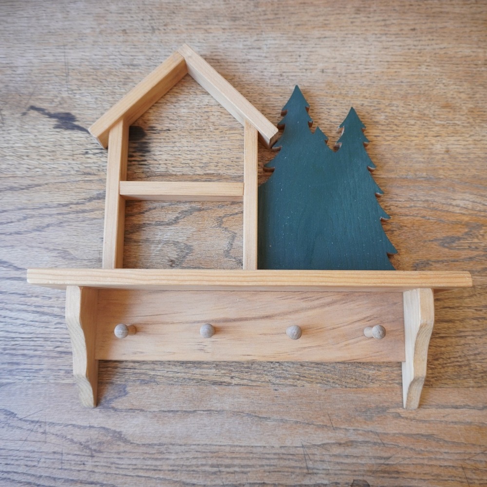Rusitc Cabincore Small Wood Cabin Tree Wall Shelf Hook Rack Tan Green Key Holder